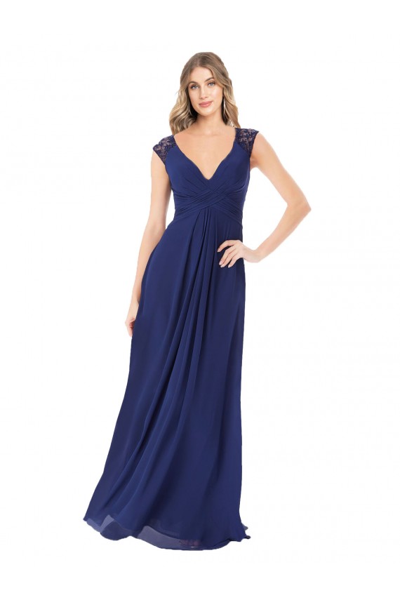 Cap Sleeves V-Neck Soft Chiffon Sapphire Long Bridesmaid Dress Adelaide