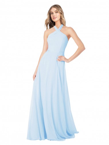 Sleeveless High Neck Chiffon Light Sky Blue Long Bridesmaid Dress / Evening Gowns Adelaide