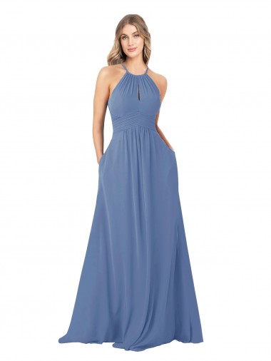 Sleeveless High Neck Soft Chiffon Windsor Blue Long Bridesmaid Dress Adelaide