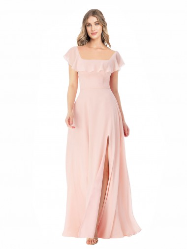 Cap Sleeves Square Neck Soft Chiffon Pink Long Formal Dress / Bridesmaid Dress Adelaide