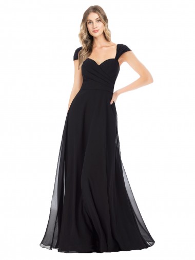 Cap Sleeves Sweetheart Soft Chiffon Black Long Bridesmaid Dress Adelaide