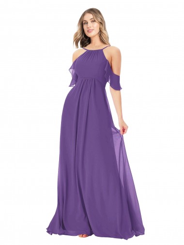 Cold Shoulder High Neck Soft Chiffon Plum Purple Long Bridesmaid Dress Adelaide