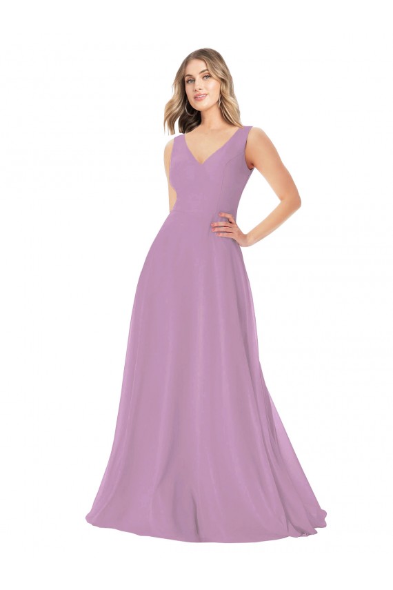 Sleeveless V-Neck Soft Chiffon Dark Lavender Long Bridal Party Dress Adelaide