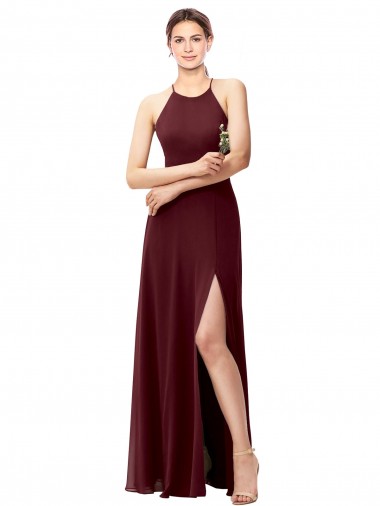 Sleeveless High Neck Soft Chiffon Burgundy Gold Long Bridesmaid Dress Adelaide