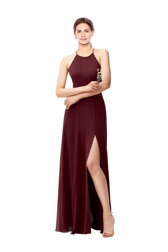 Sleeveless High Neck Soft Chiffon Burgundy Gold Long Bridesmaid Dress Adelaide