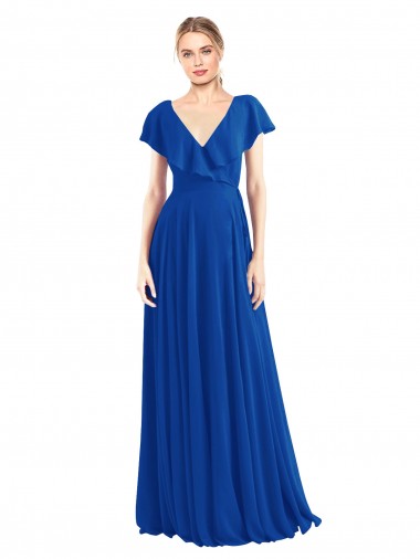 Flutter Sleeves V-Neck Soft Chiffon Royal Blue Long Bridesmaid Dress Adelaide