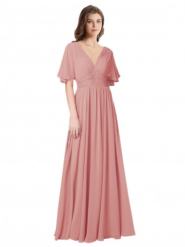 Flutter Sleeves V-Neck Soft Chiffon Bliss Pink Long Bridesmaid Dress Adelaide