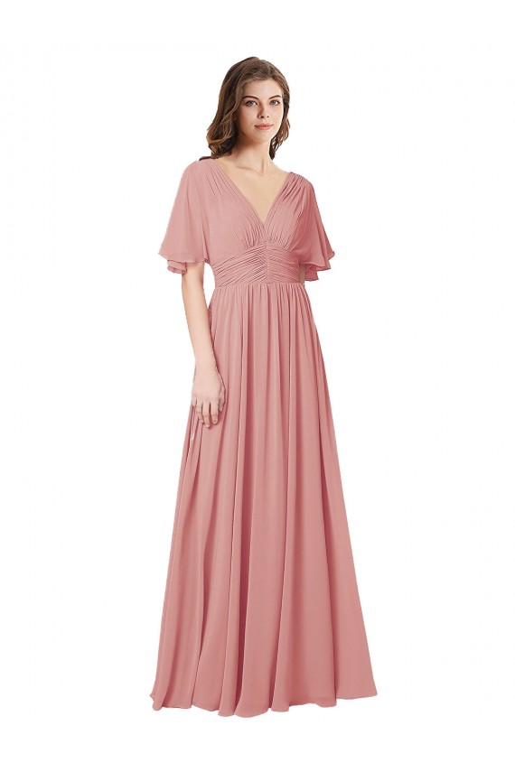Flutter Sleeves V-Neck Soft Chiffon Bliss Pink Long Bridesmaid Dress Adelaide