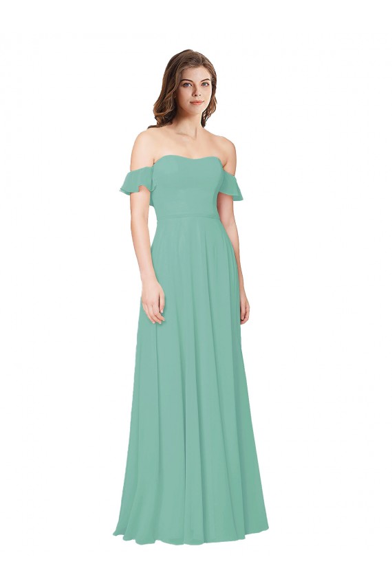 Flounce Sleeves Off the Shoulder Soft Chiffon Jade Long Bridesmaid Dress Adelaide