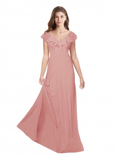 Flutter Sleeves V-Neck Chiffon Bliss Pink Long Bridesmaid Dress / Evening Dress Adelaide