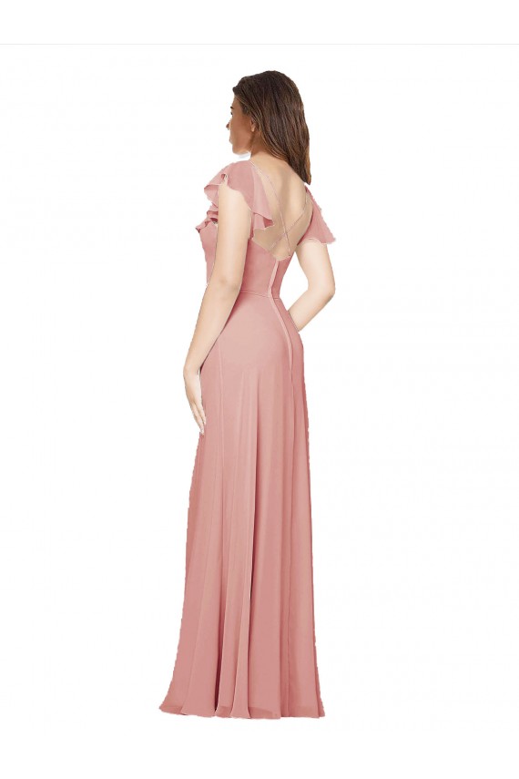 Flutter Sleeves V-Neck Chiffon Bliss Pink Long Bridesmaid Dress / Evening Dress Adelaide