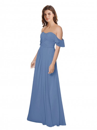 Flutter Sleeves Strapless Soft Chiffon Windsor Blue Long Bridesmaid Dress Adelaide
