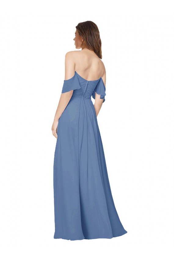 Flutter Sleeves Strapless Soft Chiffon Windsor Blue Long Bridesmaid Dress Adelaide