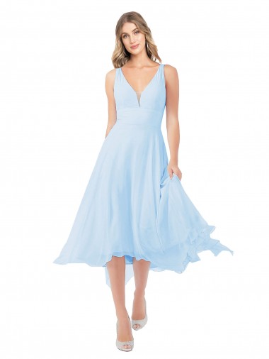 Sleeveless V-Neck Soft Chiffon Light Sky Blue Midi Length Bridesmaid Dress Adelaide