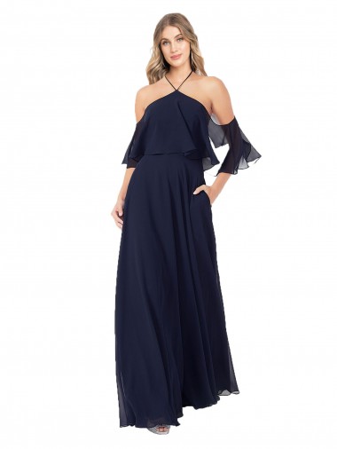 Flutter Sleeves High Neck Soft Chiffon Dark Navy Long Formal Dress / Bridesmaid Dress Adelaide