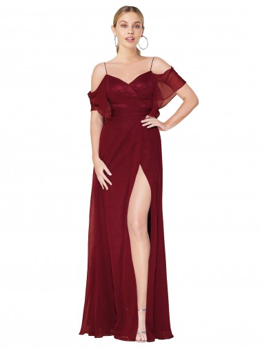 Cold Shoulder High Neck Soft Chiffon Burgundy Long Formal Evening Gown / Prom Dress / Bridesmaid Dress Adelaide