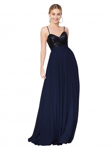 Sleeveless High Neck Soft Chiffon & Sequin Dark Navy Long Semi Formal Evening Dress / Prom Dress / Bridesmaid Dress Adelaide