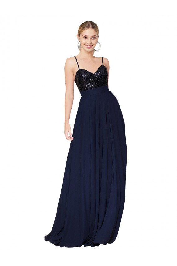 Sleeveless High Neck Soft Chiffon & Sequin Dark Navy Long Semi Formal Evening Dress / Prom Dress / Bridesmaid Dress Adelaide