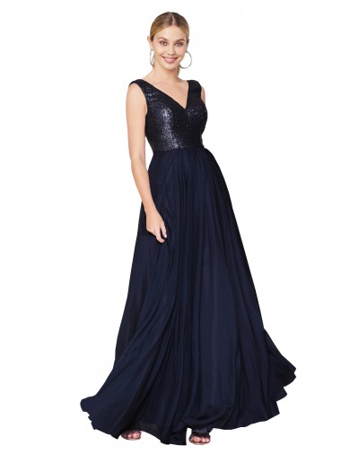 Sleeveless High Neck Soft Chiffon & Sequin Dark Navy Long Semi Formal Evening Gown / Prom Dress / Bridesmaid Dress Adelaide