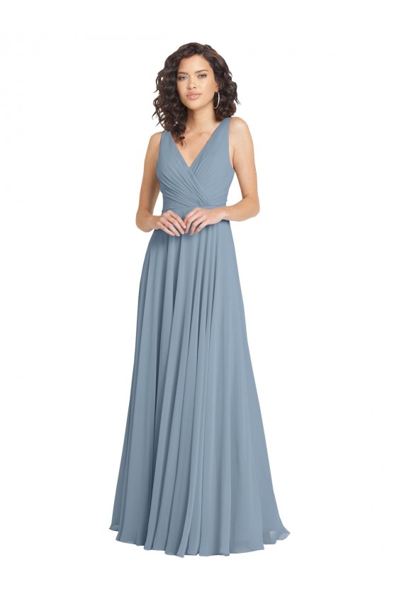 Sleeveless V-Neck Soft Chiffon Dusty Blue Long Bridesmaid Dress Adelaide