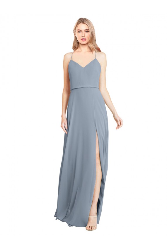 Sleeveless V-Neck Soft Chiffon Dusty Blue Long Bridesmaid Gowns Adelaide