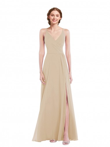 Sleeveless V-Neck Soft Chiffon Champagne Long Semi Formal Evening Dress / Bridesmaid Dress Adelaide