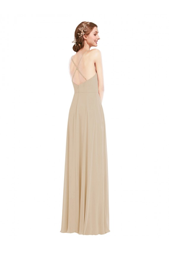Sleeveless V-Neck Soft Chiffon Champagne Long Semi Formal Evening Dress / Bridesmaid Dress Adelaide