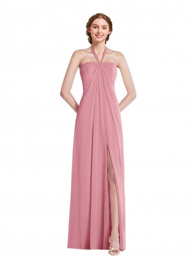 Sleeveless Halter Neck Soft Chiffon Skin Pink Long Semi Formal Evening Dress / Bridesmaid Dress Adelaide