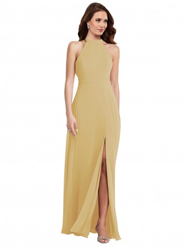 Sleeveless Halter Neck Soft Chiffon Gold Long Semi Formal Evening Dress / Bridesmaid Dress Adelaide