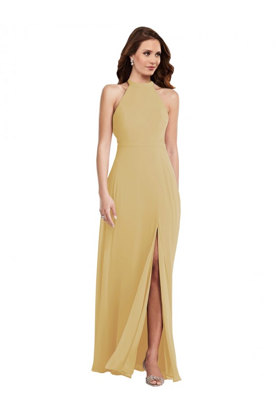 Sleeveless Halter Neck Soft Chiffon Gold Long Semi Formal Evening Dress / Bridesmaid Dress Adelaide