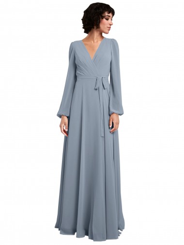 Long Sleeves V-Neck Soft Chiffon Dusty Blue Long Bridesmaid Dress / Formal Dress Adelaide