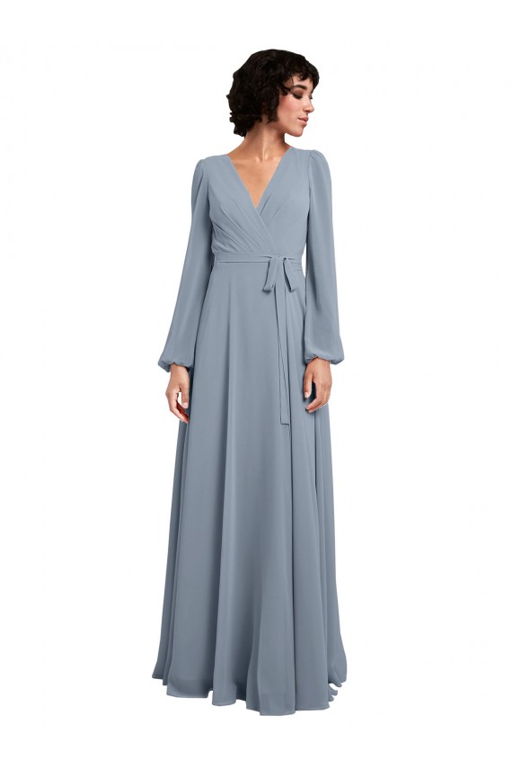 Long Sleeves V-Neck Soft Chiffon Dusty Blue Long Bridesmaid Dress / Formal Dress Adelaide