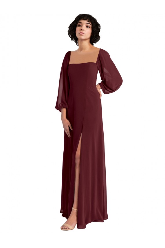 Long Sleeves Square Neck Chiffon Burgundy Gold Long Bridesmaid Dress / Evening Dress Adelaide