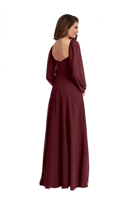 Long Sleeves Square Neck Chiffon Burgundy Gold Long Bridesmaid Dress / Evening Dress Adelaide