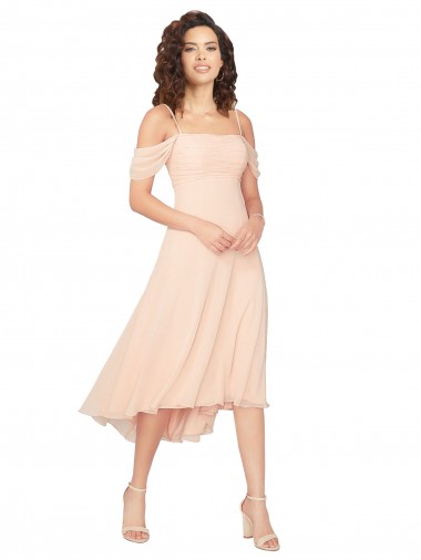 Cold Shoulder Square Neck Soft Chiffon Ice Pink Midi Length High Low Bridesmaid Dress Adelaide