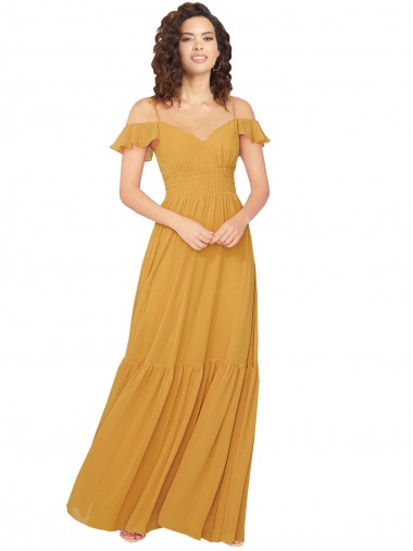 Cold Shoulder Sweetheart Soft Chiffon Saffron Long Bridesmaid Dress Adelaide