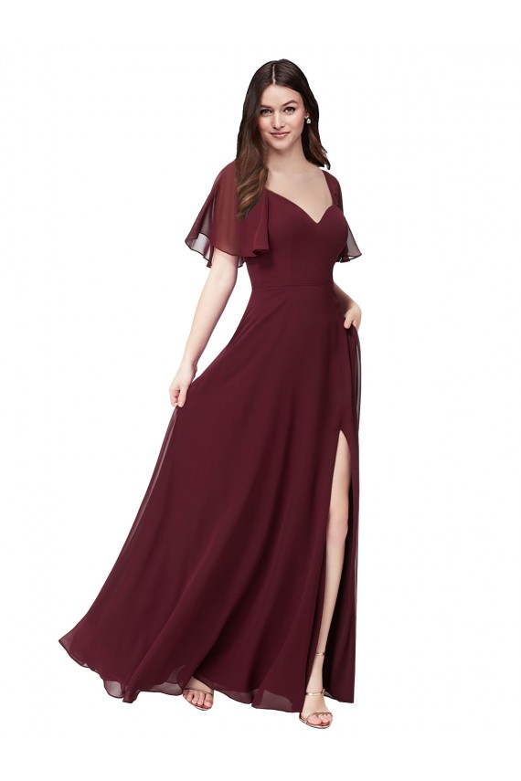 Short Flutter Sleeves Sweetheart Soft Chiffon Burgundy Gold Long Formal Dress / Bridesmaid Dress Adelaide