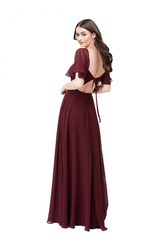 Short Flutter Sleeves Sweetheart Soft Chiffon Burgundy Gold Long Formal Dress / Bridesmaid Dress Adelaide