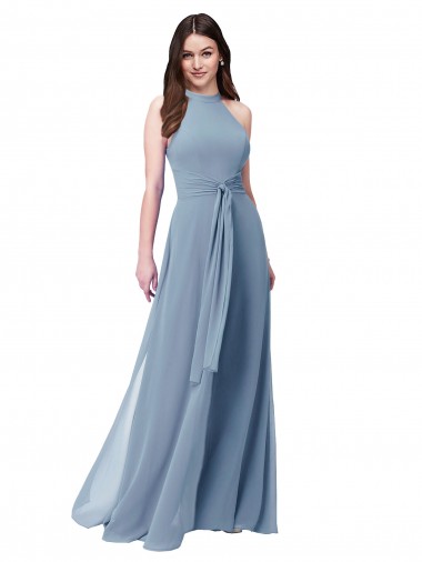 Sleeveless High Neck Chiffon Dusty Blue Long Bridesmaid Formal Dress Adelaide