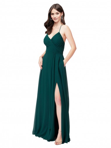 Sleeveless V-Neck Chiffon Hunter Green Long Wedding Party Dress Adelaide