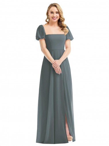 Puff Sleeves Square Neck Soft Chiffon Slate Grey Long Semi Formal Evening Dress / Bridesmaid Dress Adelaide