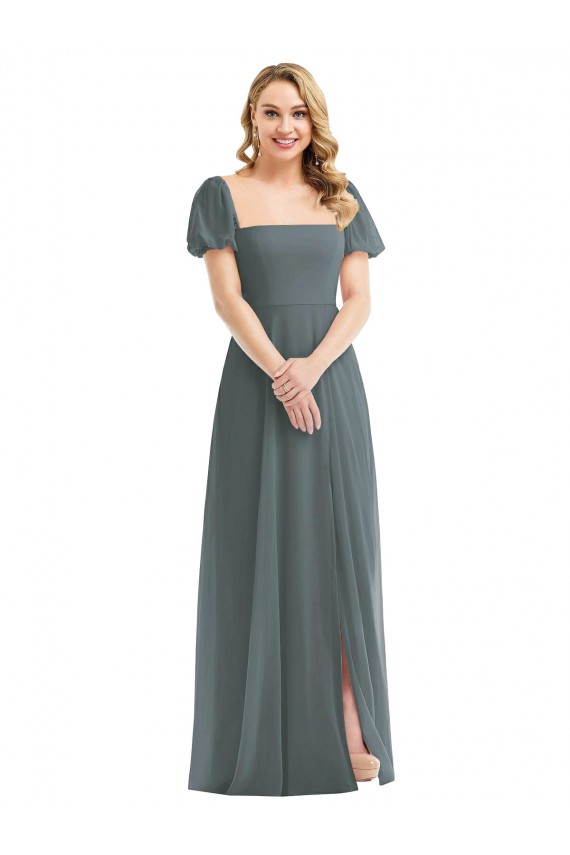 Puff Sleeves Square Neck Soft Chiffon Slate Grey Long Semi Formal Evening Dress / Bridesmaid Dress Adelaide