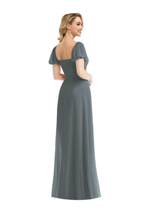 Puff Sleeves Square Neck Soft Chiffon Slate Grey Long Semi Formal Evening Dress / Bridesmaid Dress Adelaide