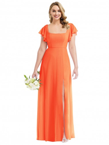 Flutter Sleeves Square Neck Soft Chiffon Tangerine Tango Long Semi Formal Evening Dress / Bridesmaid Dress Adelaide