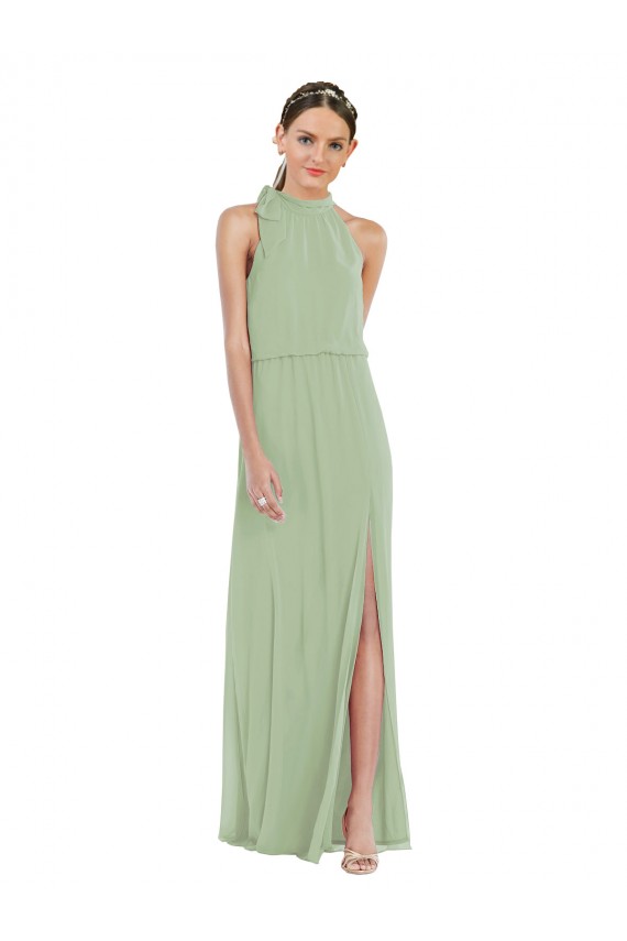 Sleeveless High Neck Soft Chiffon Smoke Green Long Semi Formal Evening Dress / Bridesmaid Dress Adelaide