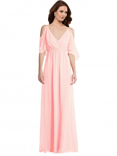 Cold Shoulder V-Neck Soft Chiffon Pink Long Semi Formal Evening Dress / Bridesmaid Dress Adelaide