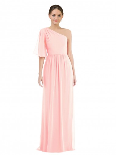Bell Sleeves One Shoulder Soft Chiffon Pink Long Semi Formal Evening Dress / Bridesmaid Dress Adelaide