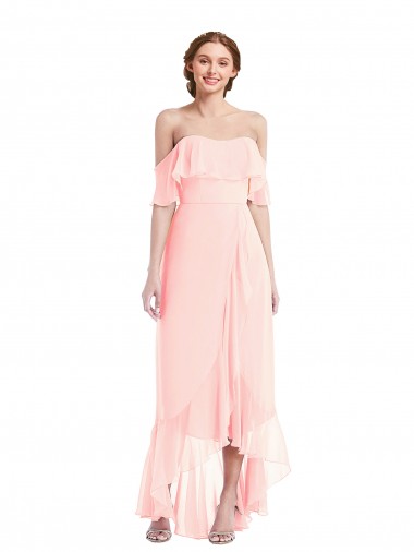 Sleeveless Off the Shoulder Soft Chiffon Pink Long High Low Bridesmaid Dress Adelaide