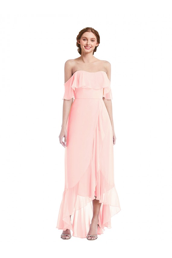 Sleeveless Off the Shoulder Soft Chiffon Pink Long High Low Bridesmaid Dress Adelaide