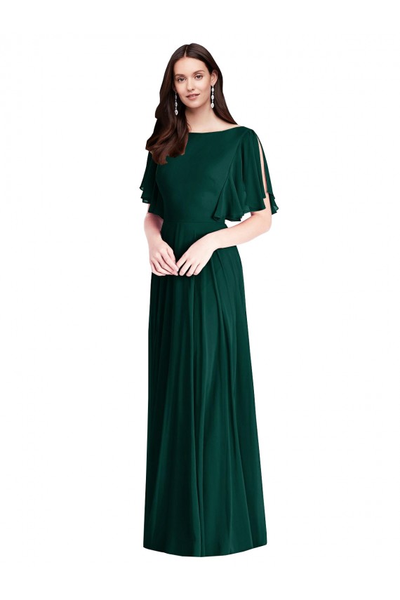 Bell Sleeves Bateau Neck Soft Chiffon Ever Green Long Semi Formal Evening Dress / Bridesmaid Dress Adelaide